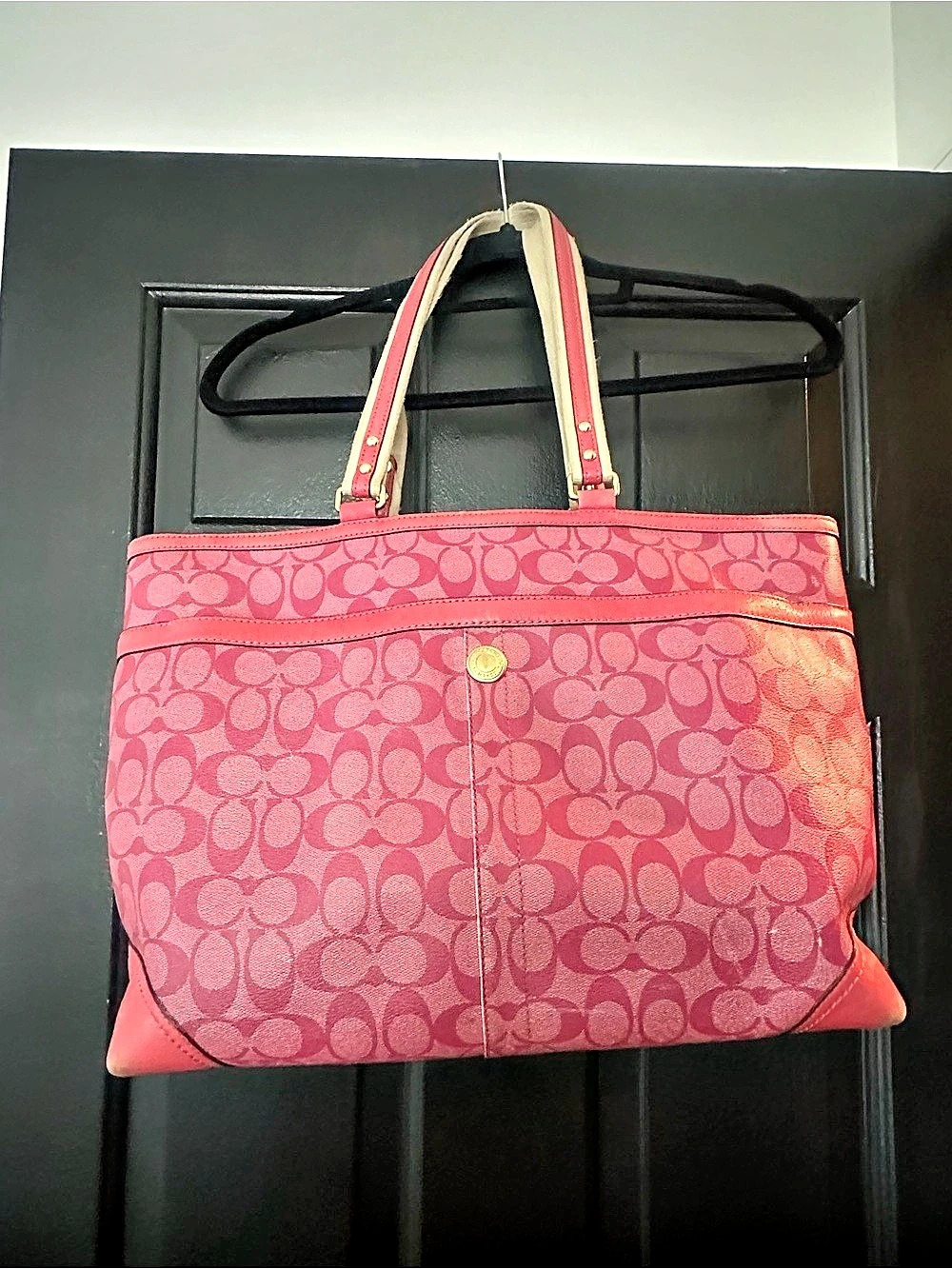 Coach Signature Stripe Horse & Carriage Tote Pink & White - Picture 3 of 3